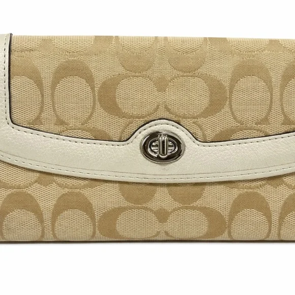 Coach Signature Turn Lock Wallet Khaki Cream Long Trifold Checkbook Clutch - Picture 4 of 11